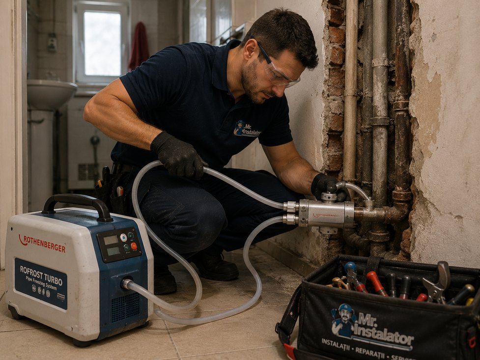 Îngheț de țeavă cu sistem Rothenberger ROFROST TURBO — reparație fără oprirea apei în tot blocul