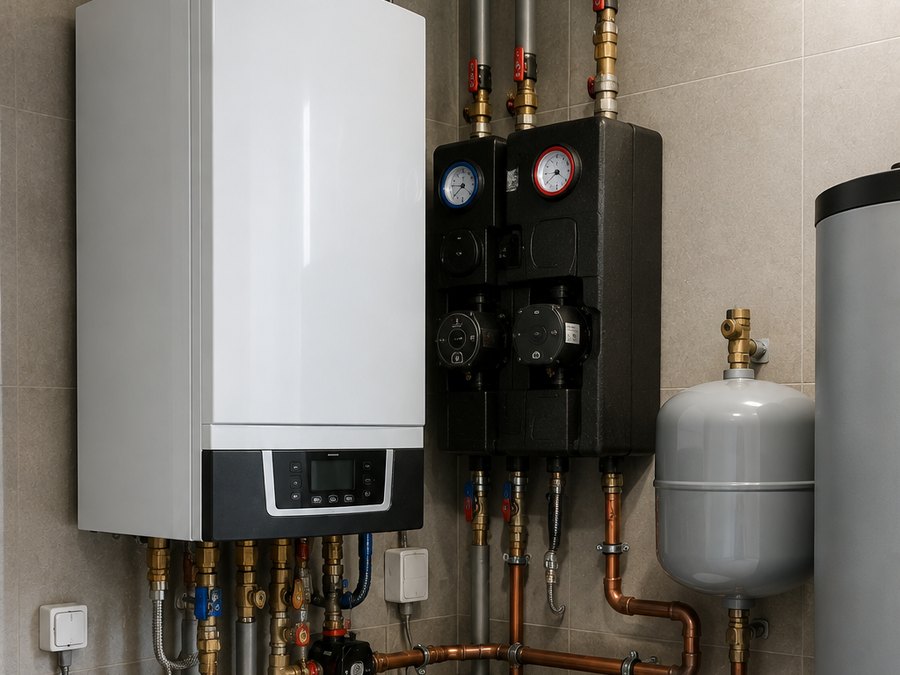 Centrală termică modernă cu vas de expansiune și distribuitor montată de Mr. Instalator