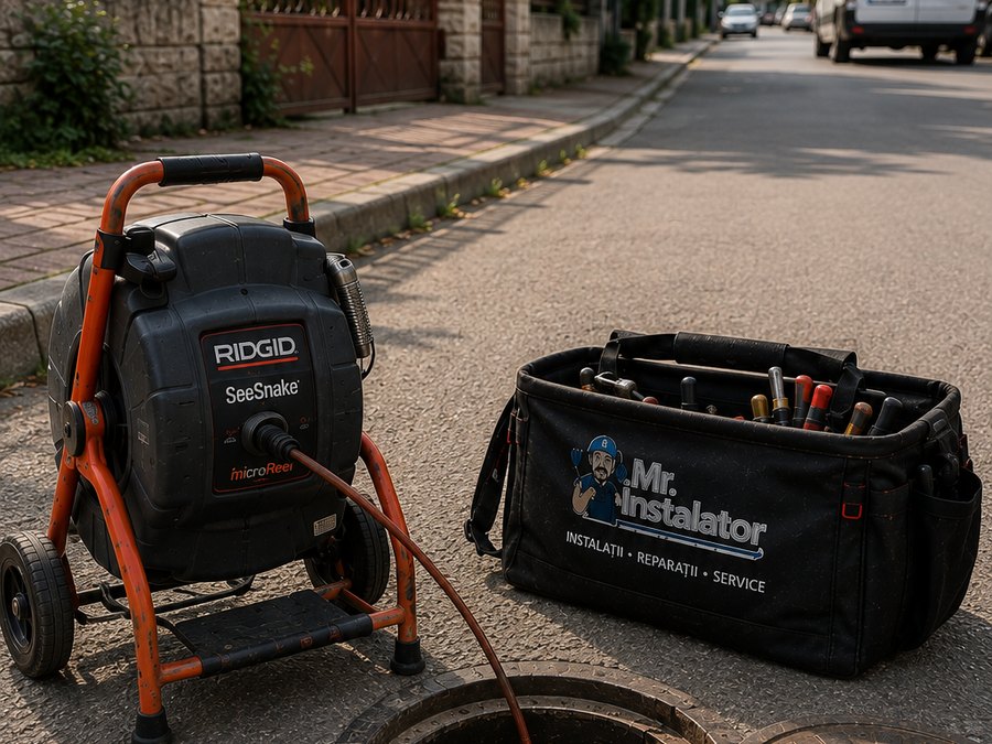 Desfundare canalizare la cămin exterior cu utilaj RIDGID de către Mr. Instalator