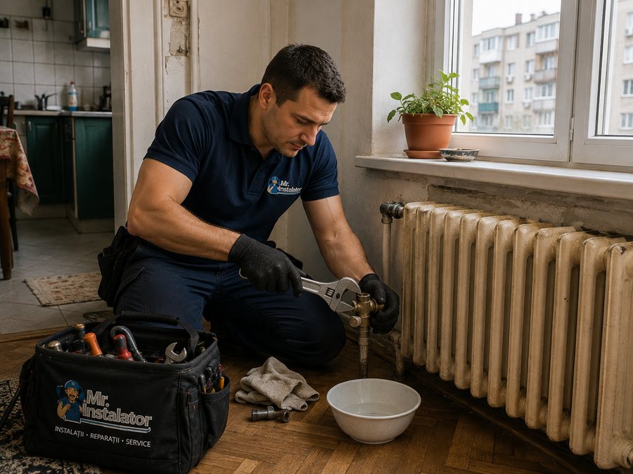 Reparație robinet radiator termic într-un apartament din București
