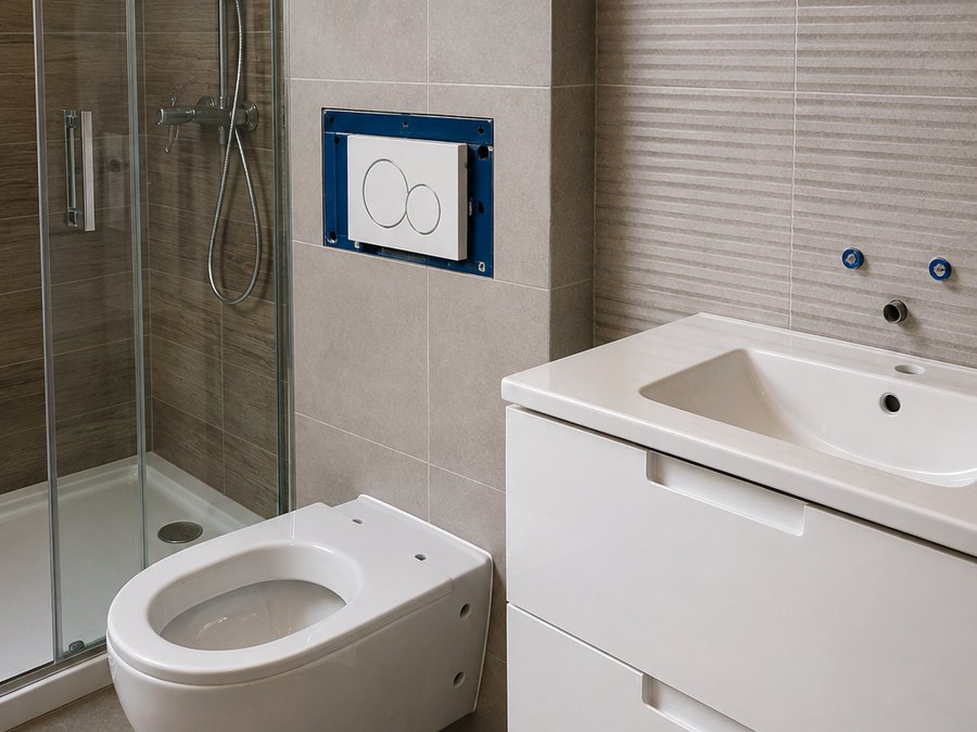 Baie modernă cu vas WC suspendat, chiuvetă și cabină duș montate de Mr. Instalator